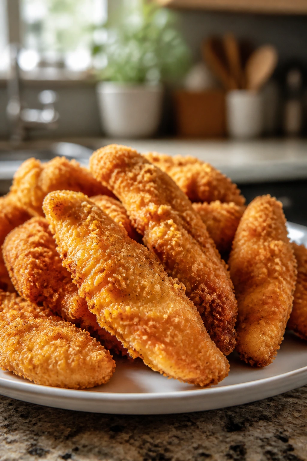 Close-up of crispy chicken tenders on a plate in a warm kitchen