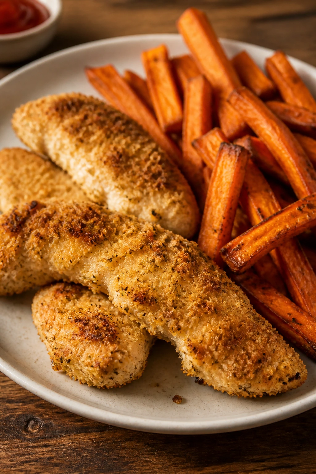 Close-up of crispy baked chicken tenders with sweet potato fries on a plate