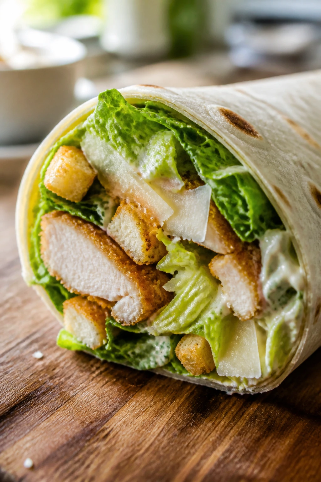 Close-up cross-section of chicken tender Caesar wrap showing romaine, parmesan and dressing inside tortilla
