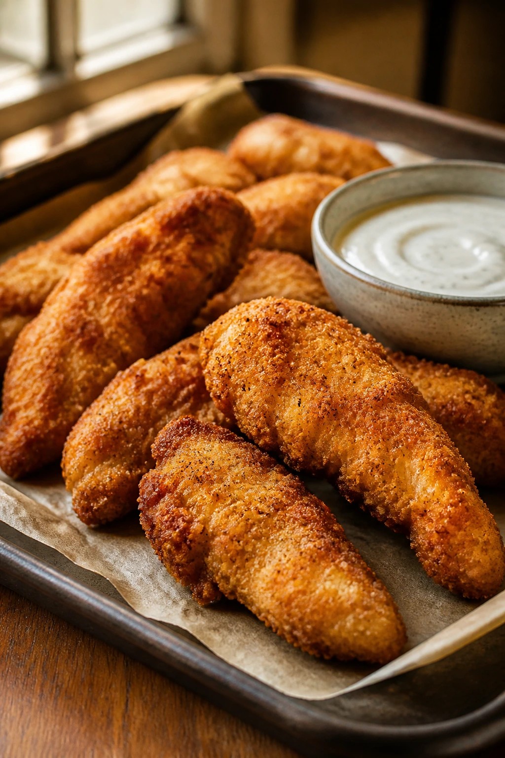 Close-up crispy chicken tenders with yogurt ranch dip