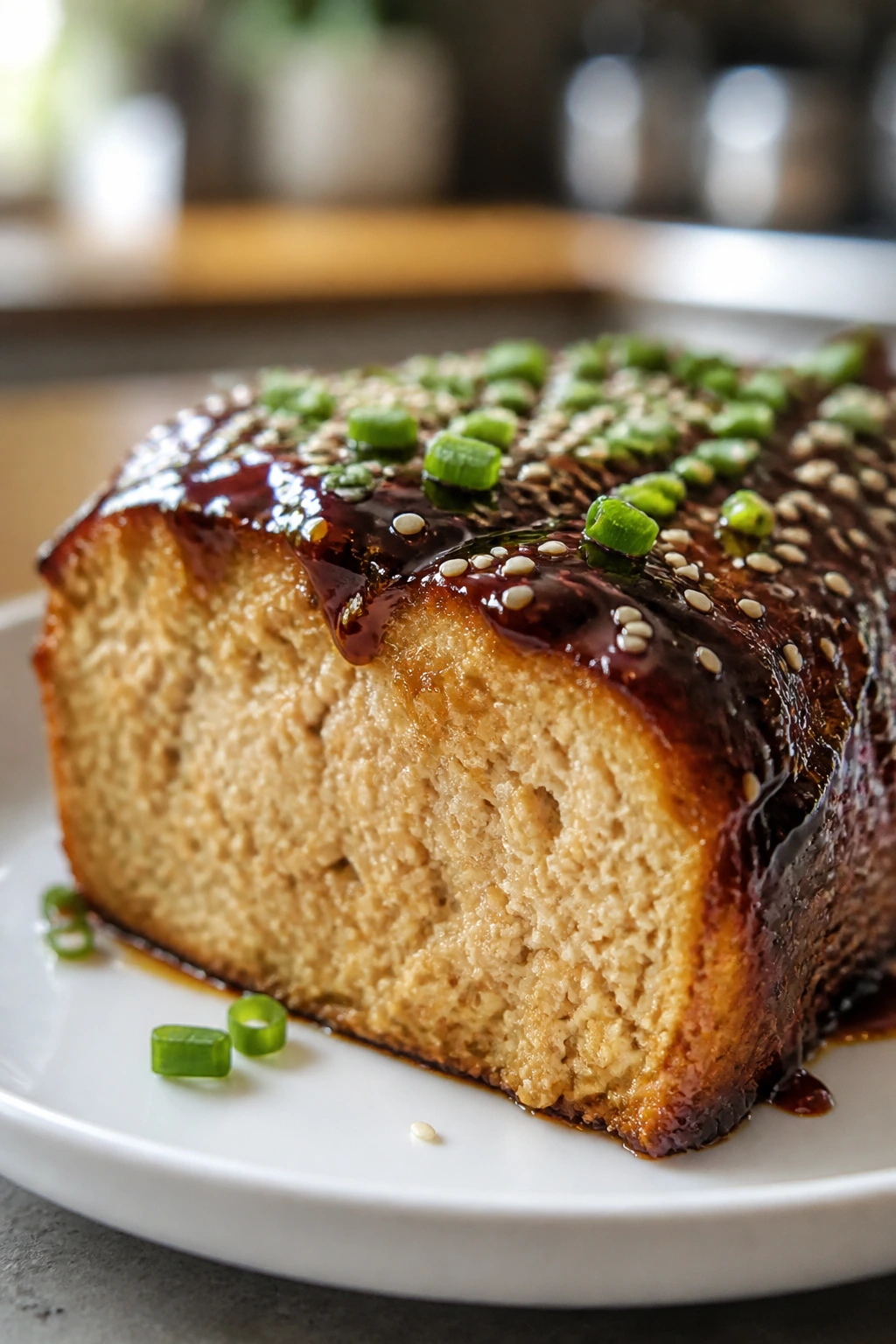 Slice of chicken teriyaki meatloaf with shiny glaze