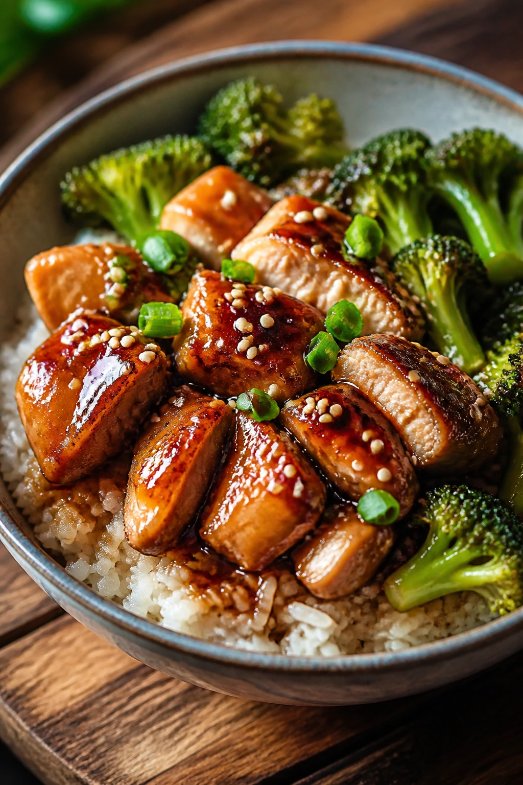 Close-up of glossy chicken teriyaki rice bowl with broccoli and sesame seeds