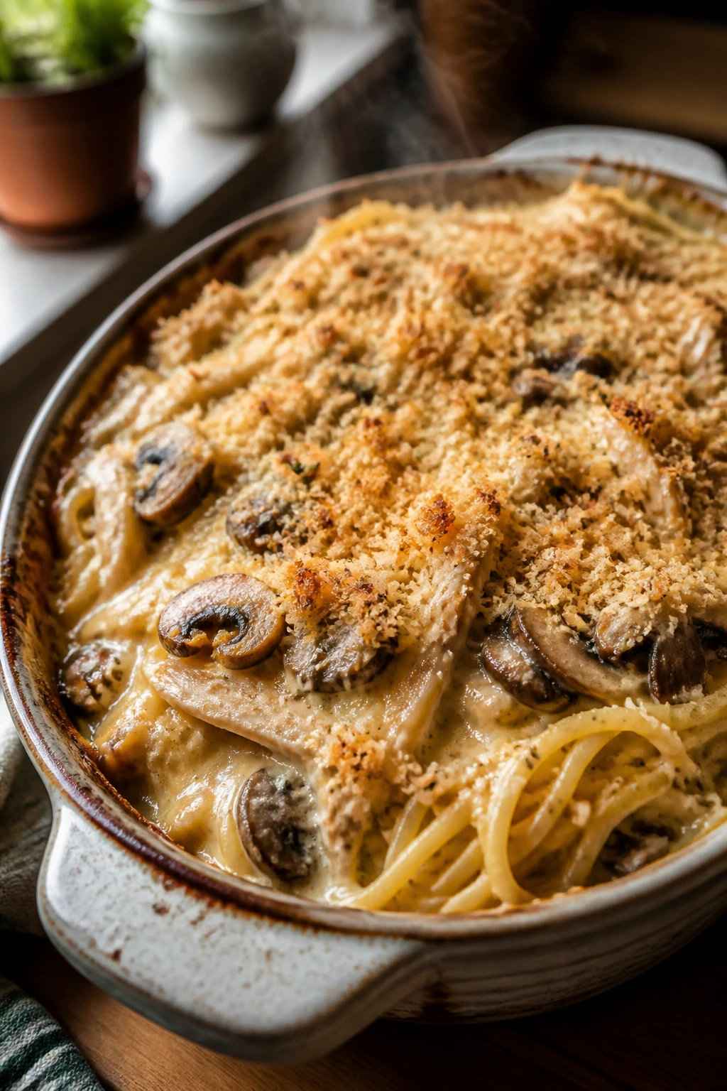 Close-up of creamy chicken tetrazzini casserole with mushroom topping in rustic baking dish