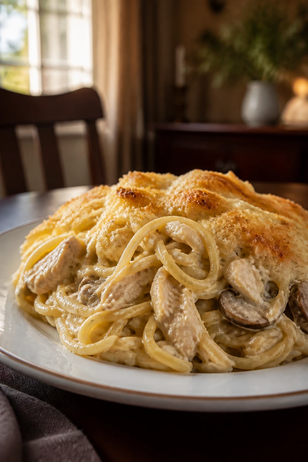 Creamy chicken tetrazzini on a plate in a cozy home dining setting