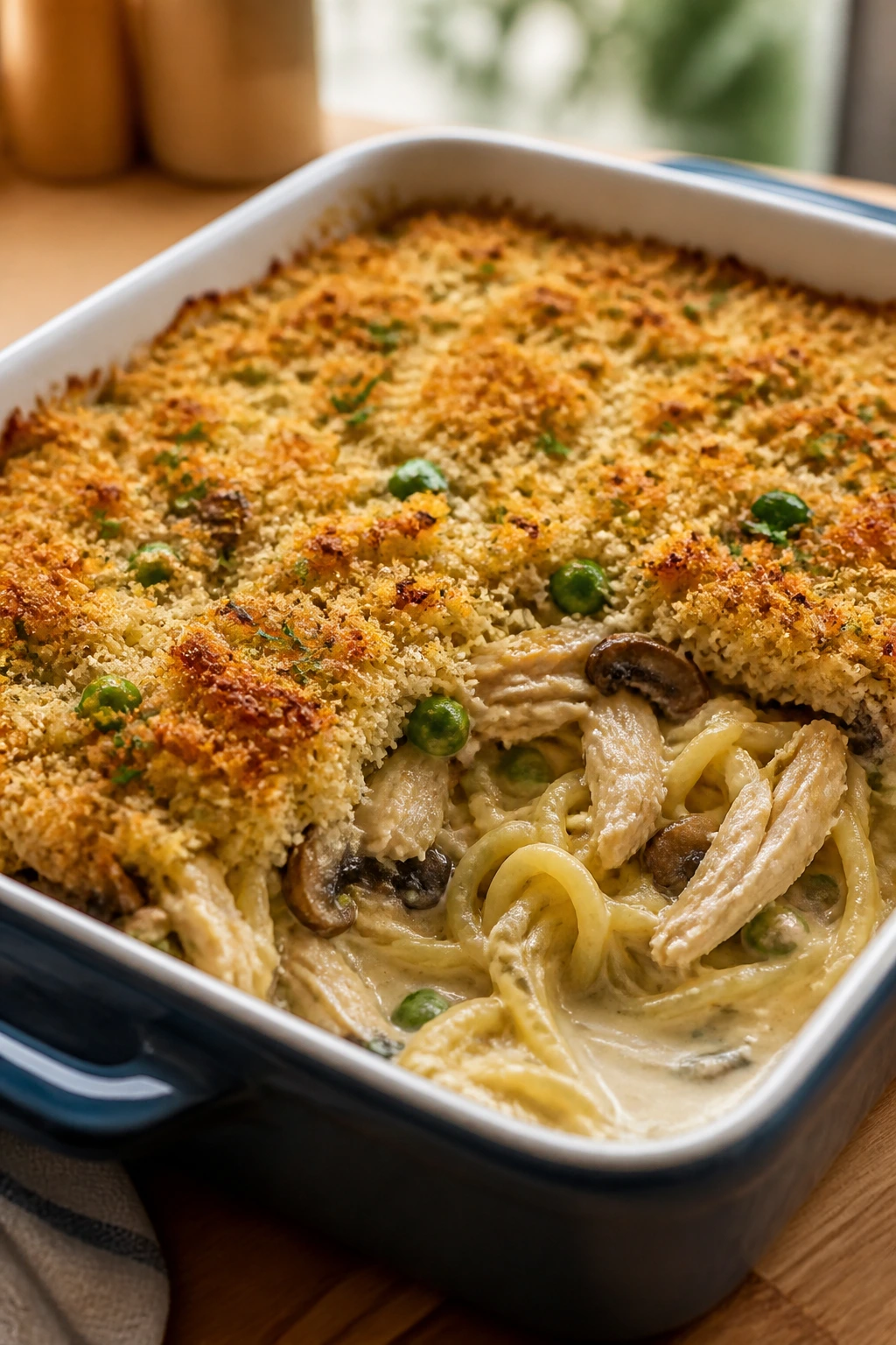 Close-up of creamy roasted chicken tetrazzini bake with peas and Parmesan topping