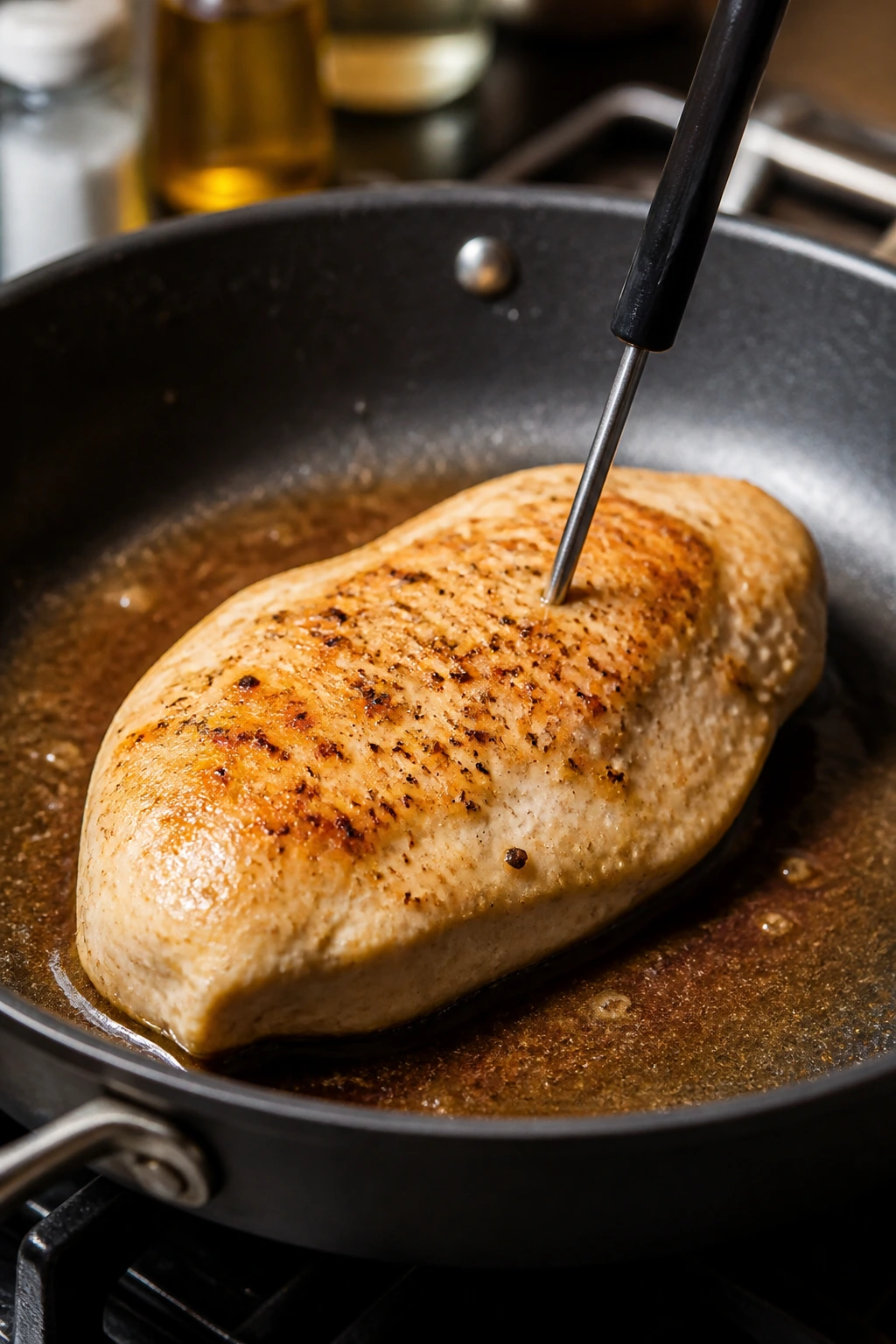 Close-up of chicken breast being checked for doneness with thermometer in a kitchen.