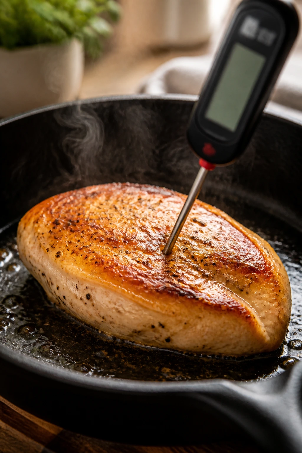Close-up of boneless chicken breast in a skillet with a thermometer in the thickest part, suggesting doneness without cutting.