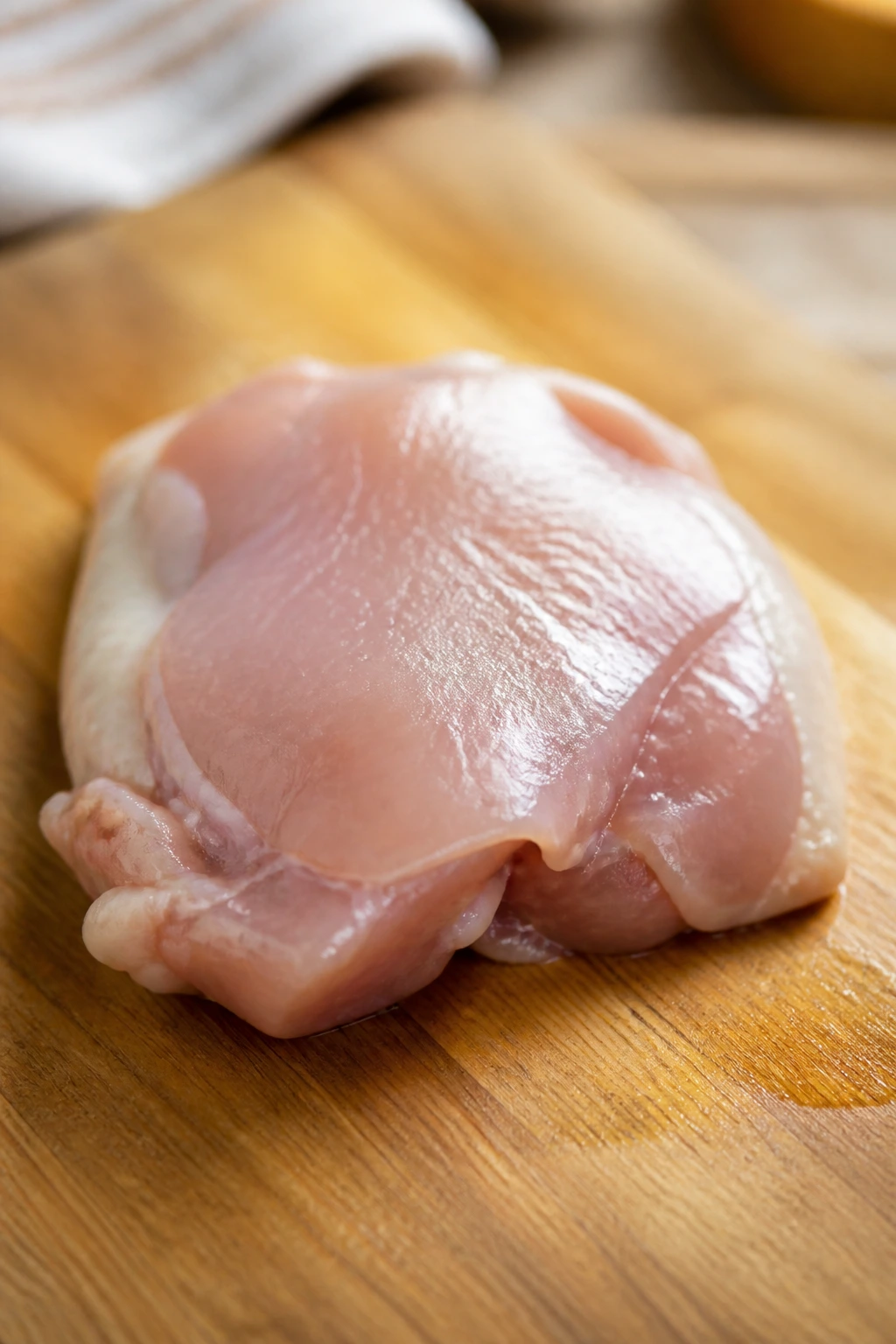 Raw chicken thigh on cutting board in bright kitchen