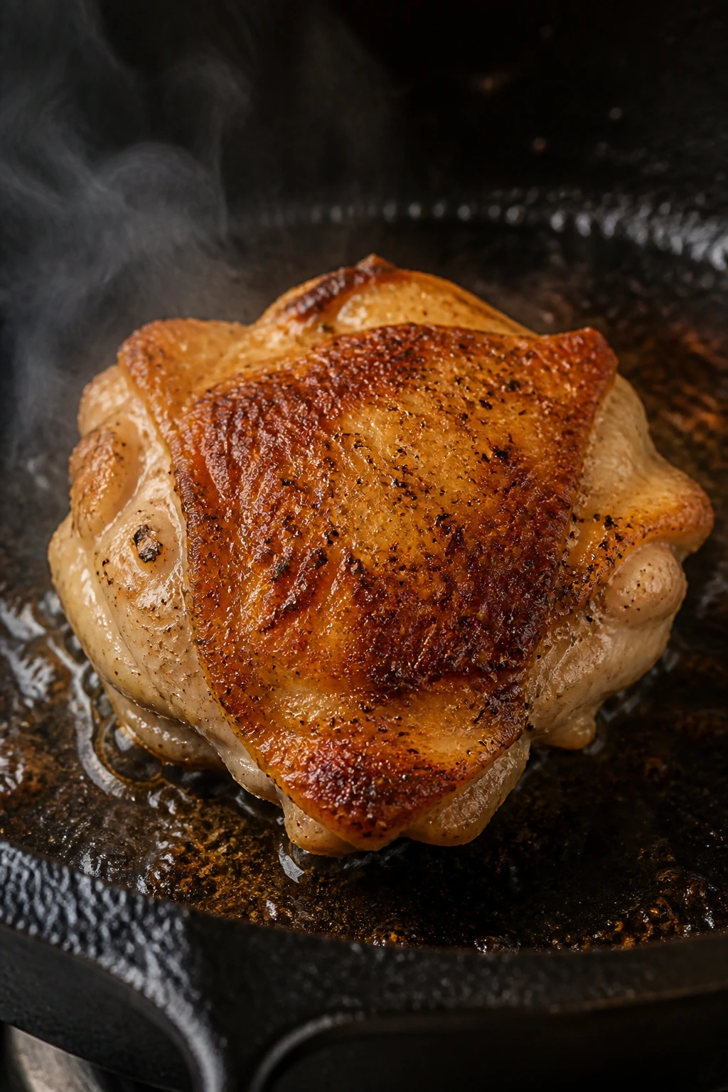 Close-up of browned chicken thigh in a pan.
