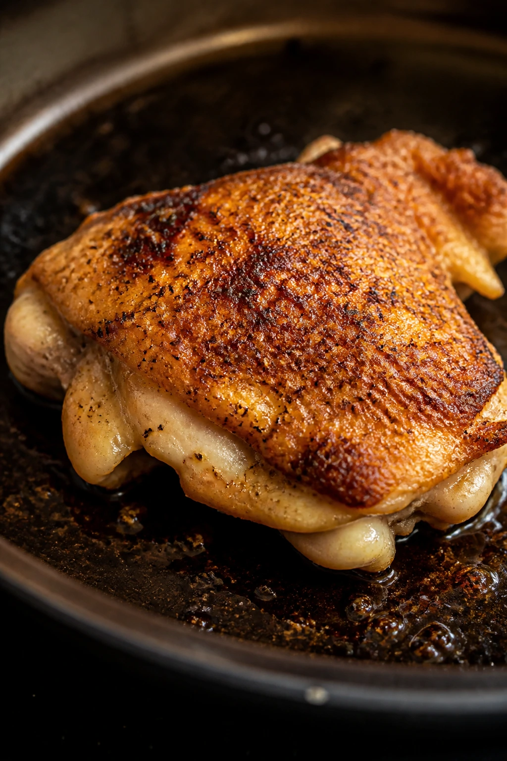Seasoned chicken thigh browning in a skillet with a golden crust