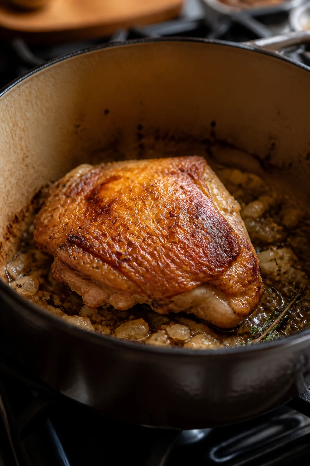 Close-up of a browned chicken thigh in a cast-iron pot on the stove