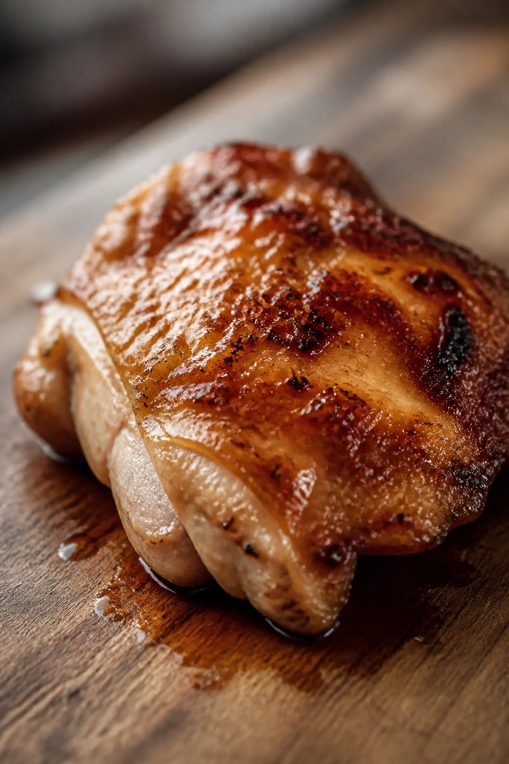 Juicy chicken thigh on cutting board under soft light