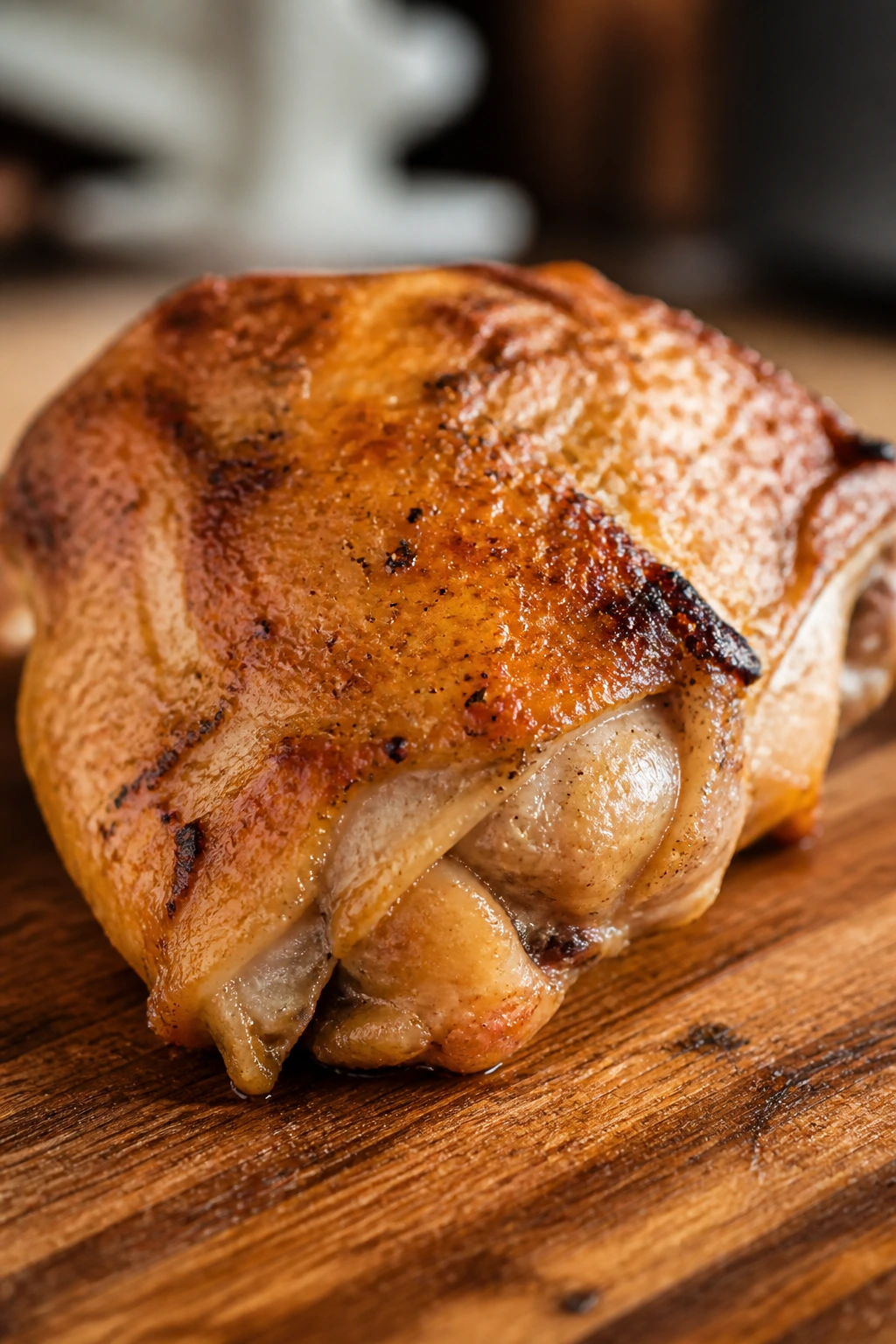 Close-up of a crispy-skinned chicken thigh on a wooden board