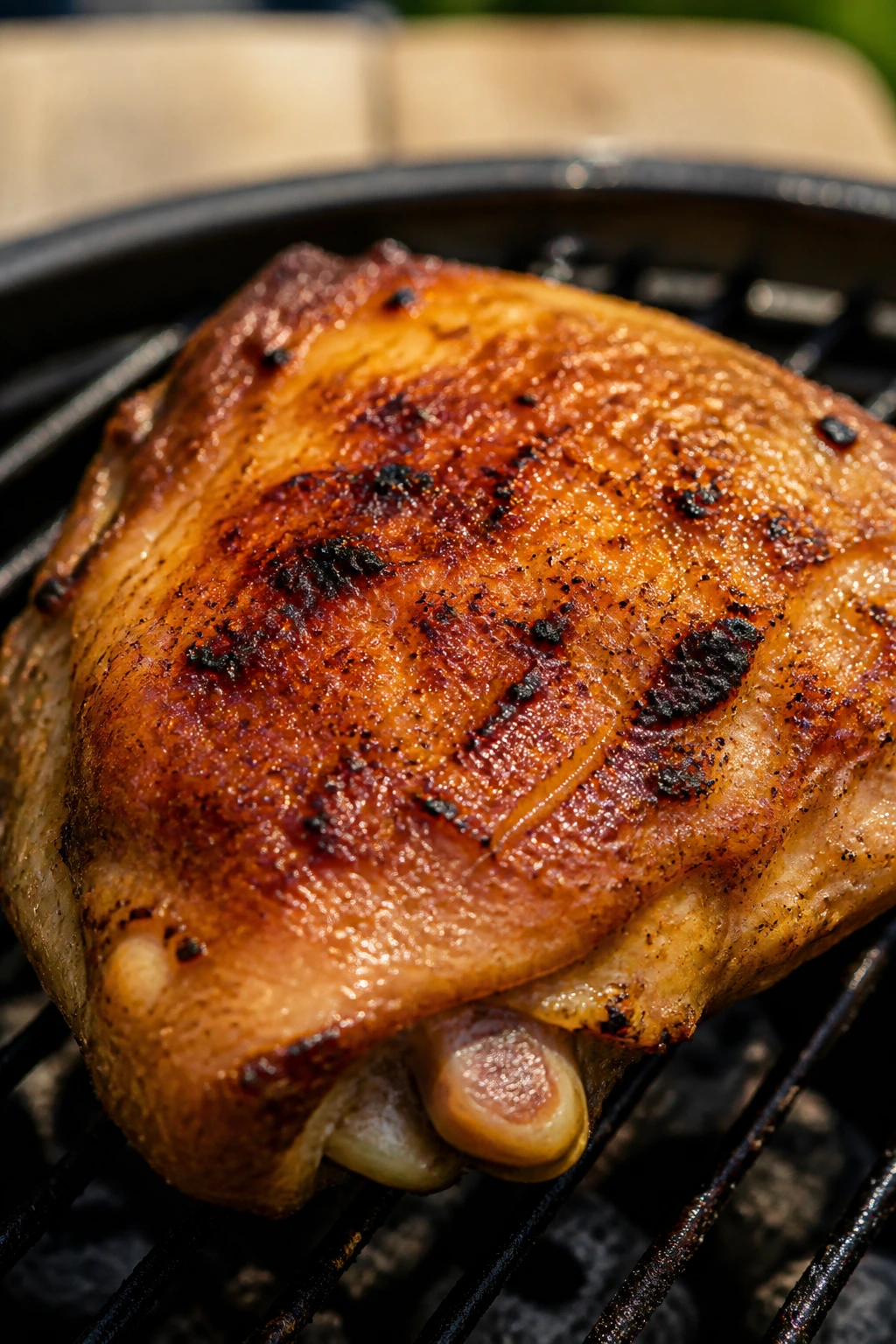 Crispy-skinned chicken thigh on a grill
