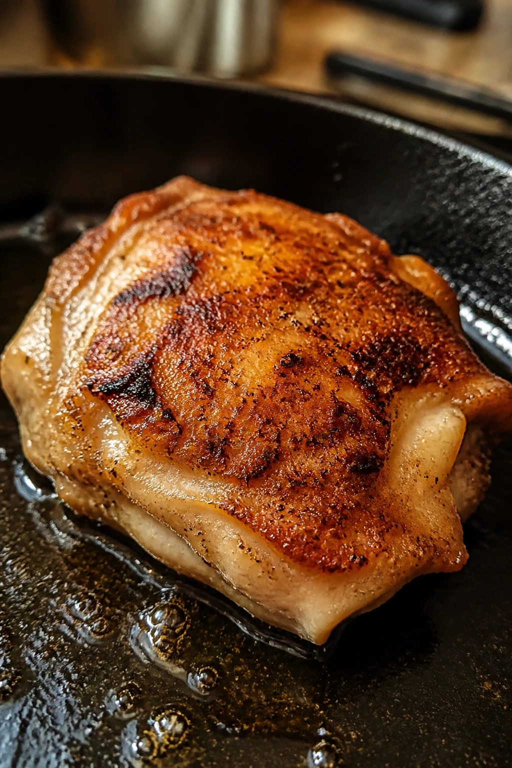 Boneless chicken thigh with golden crust frying in a pan