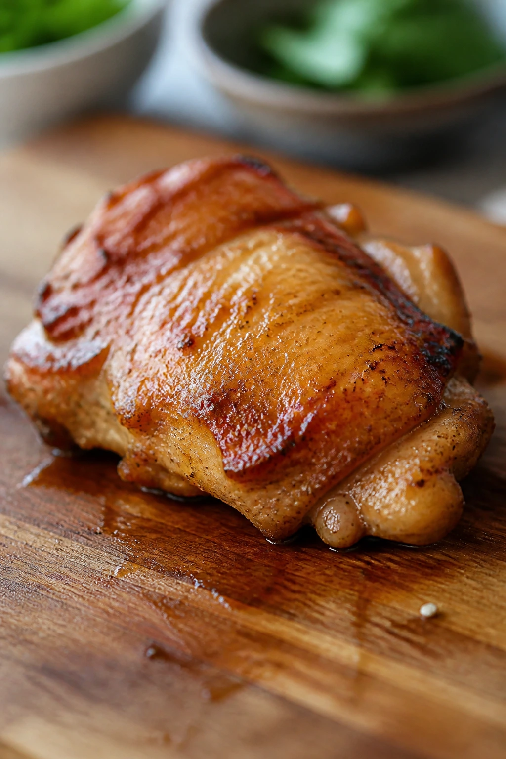 Juicy chicken thigh on cutting board with glaze in a bright kitchen