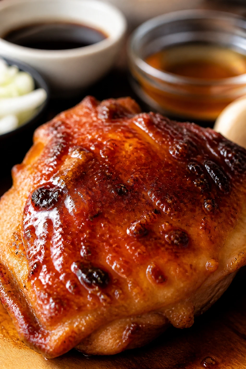 Crispy glazed chicken thigh fills frame with blurred background of ingredients