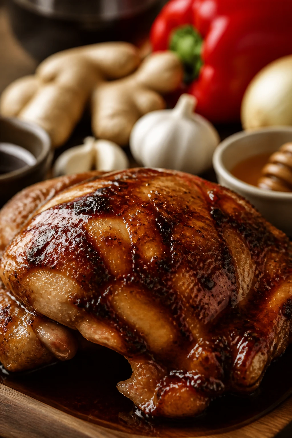 Chicken thigh with glossy glaze, supporting ingredients blurred in background