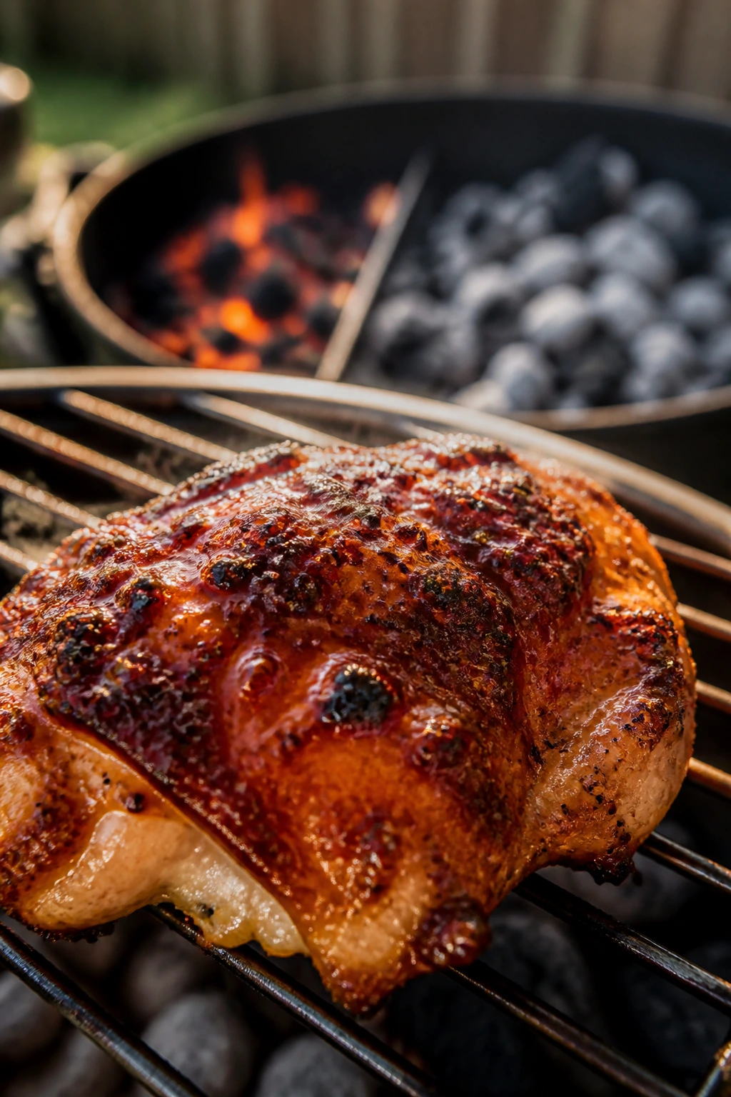 Close-up of juicy chicken thigh with crispy skin over live fire in backyard.