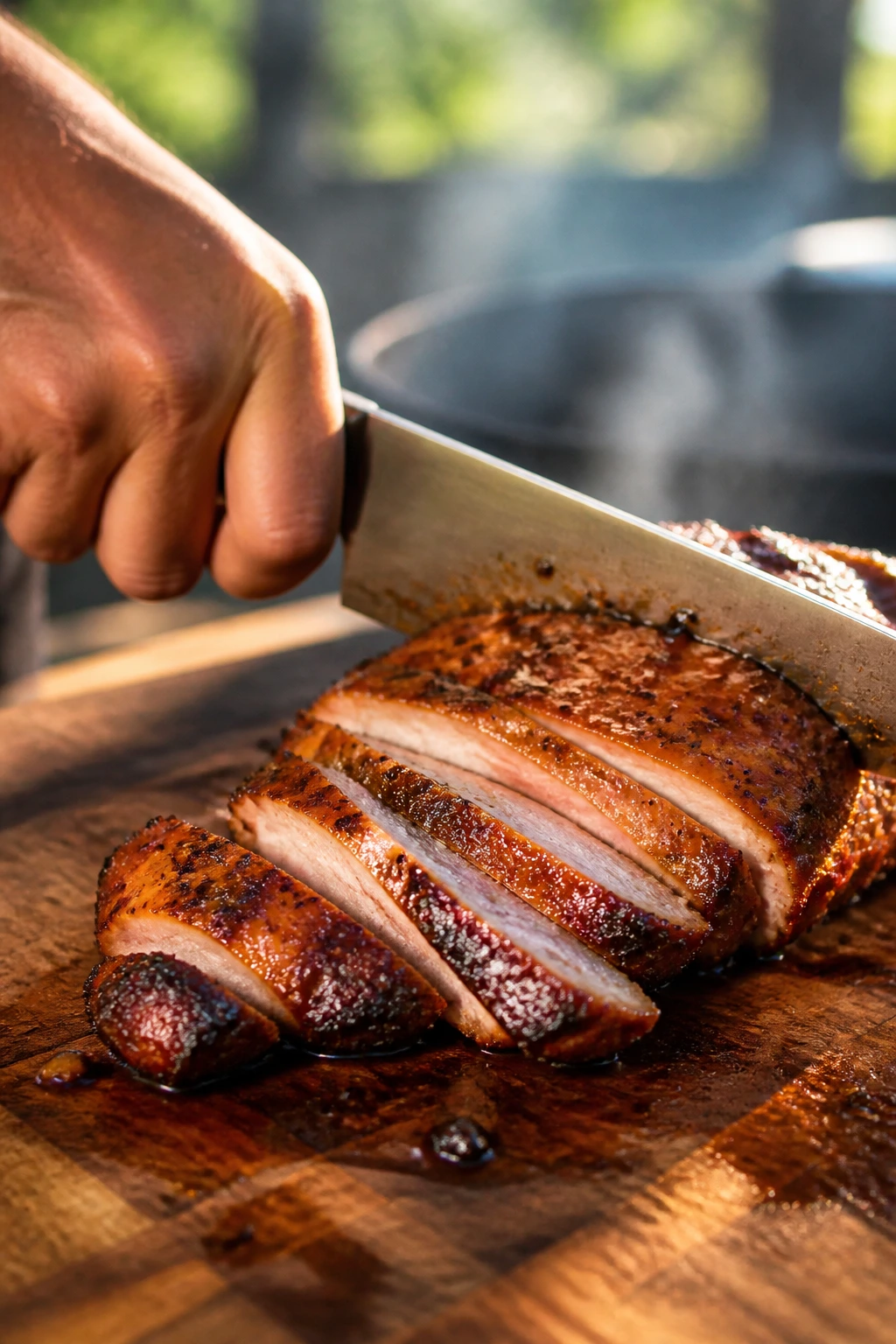 Juicy chicken thigh sliced on wooden cutting board outdoors