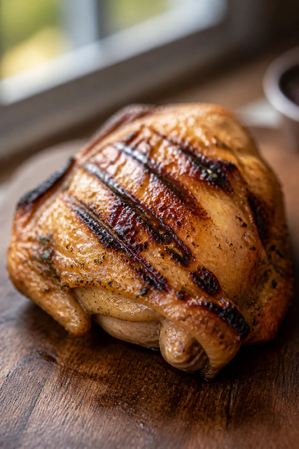 Bone-in chicken thigh on cutting board with early grill marks