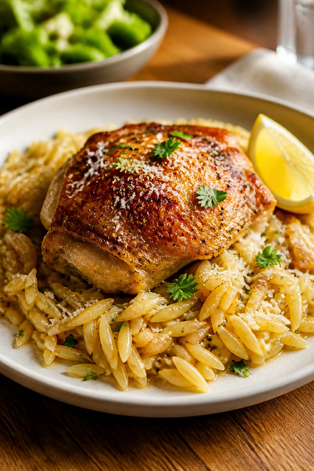 Plated chicken thigh on orzo with parmesan and parsley on a dining table.