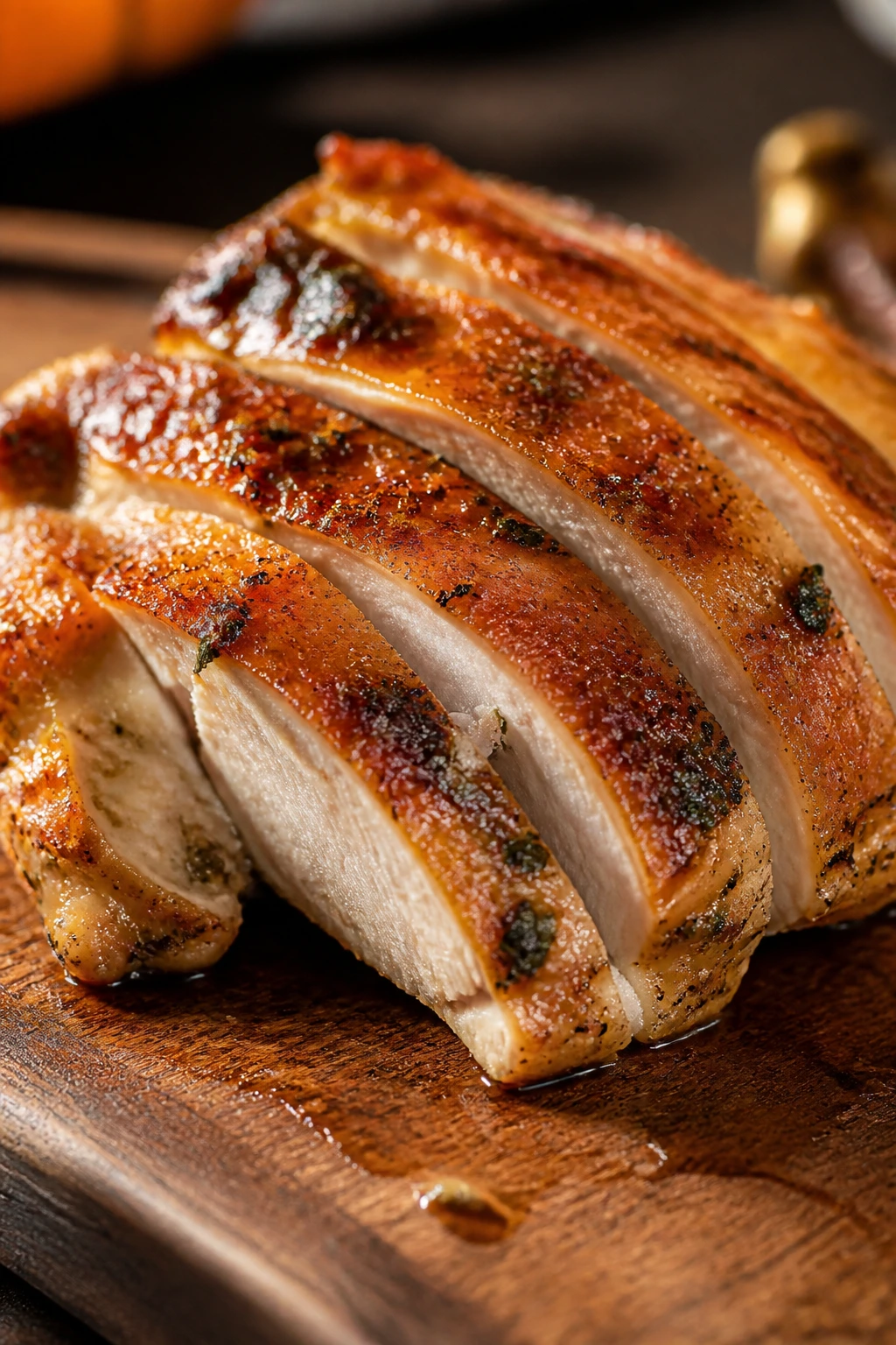Juicy roasted chicken thigh on a cutting board, showing moist texture
