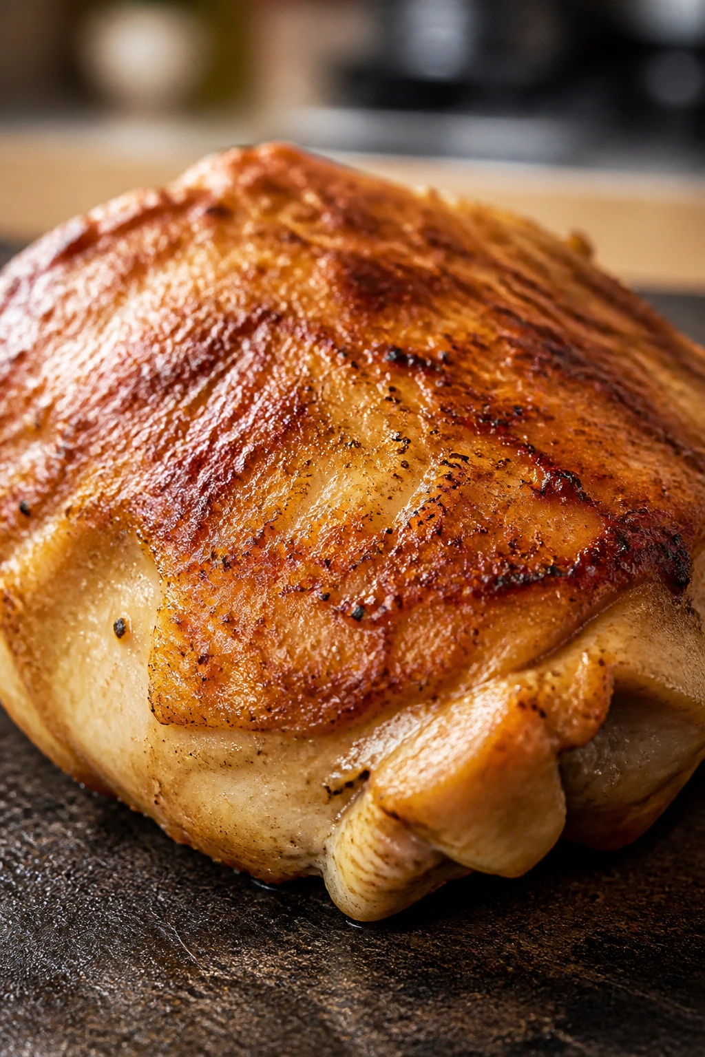 Close-up of a browned chicken thigh in a kitchen