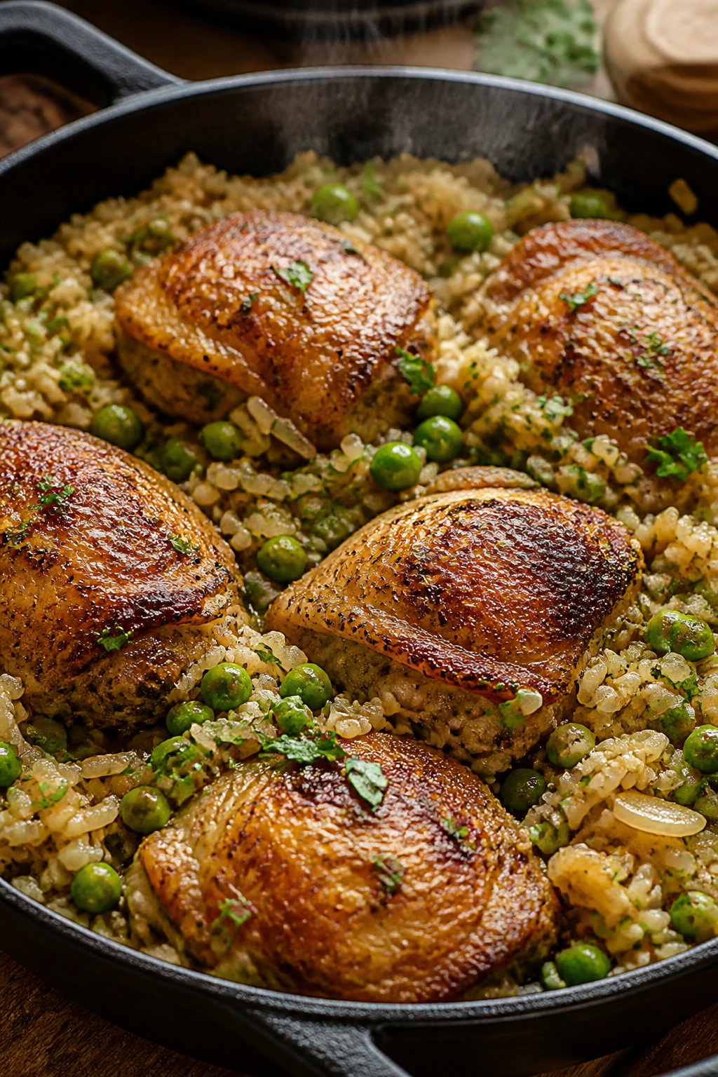 Skillet with browned chicken thighs, rice, and peas