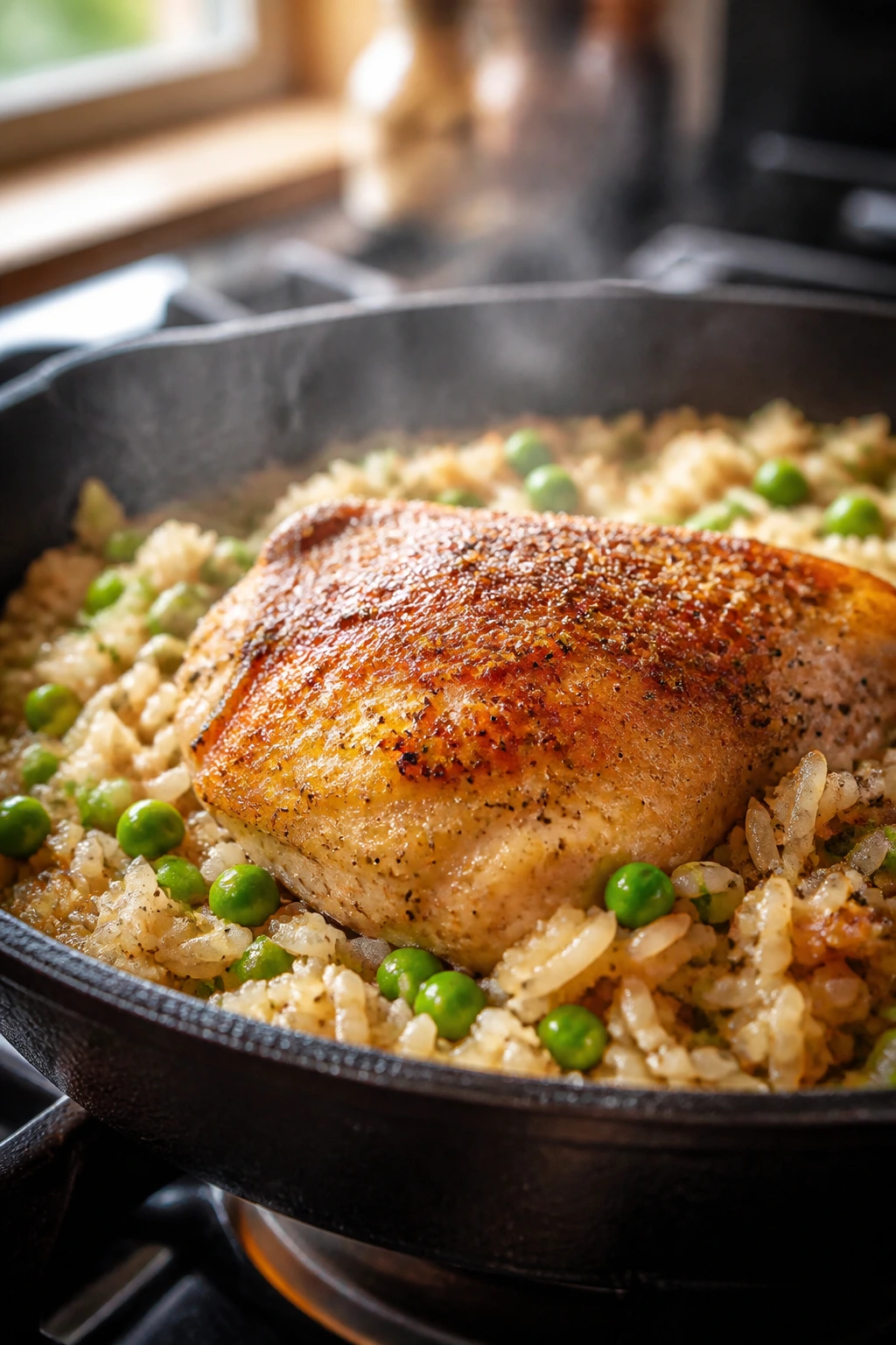Close-up of chicken thigh over rice with peas in a skillet