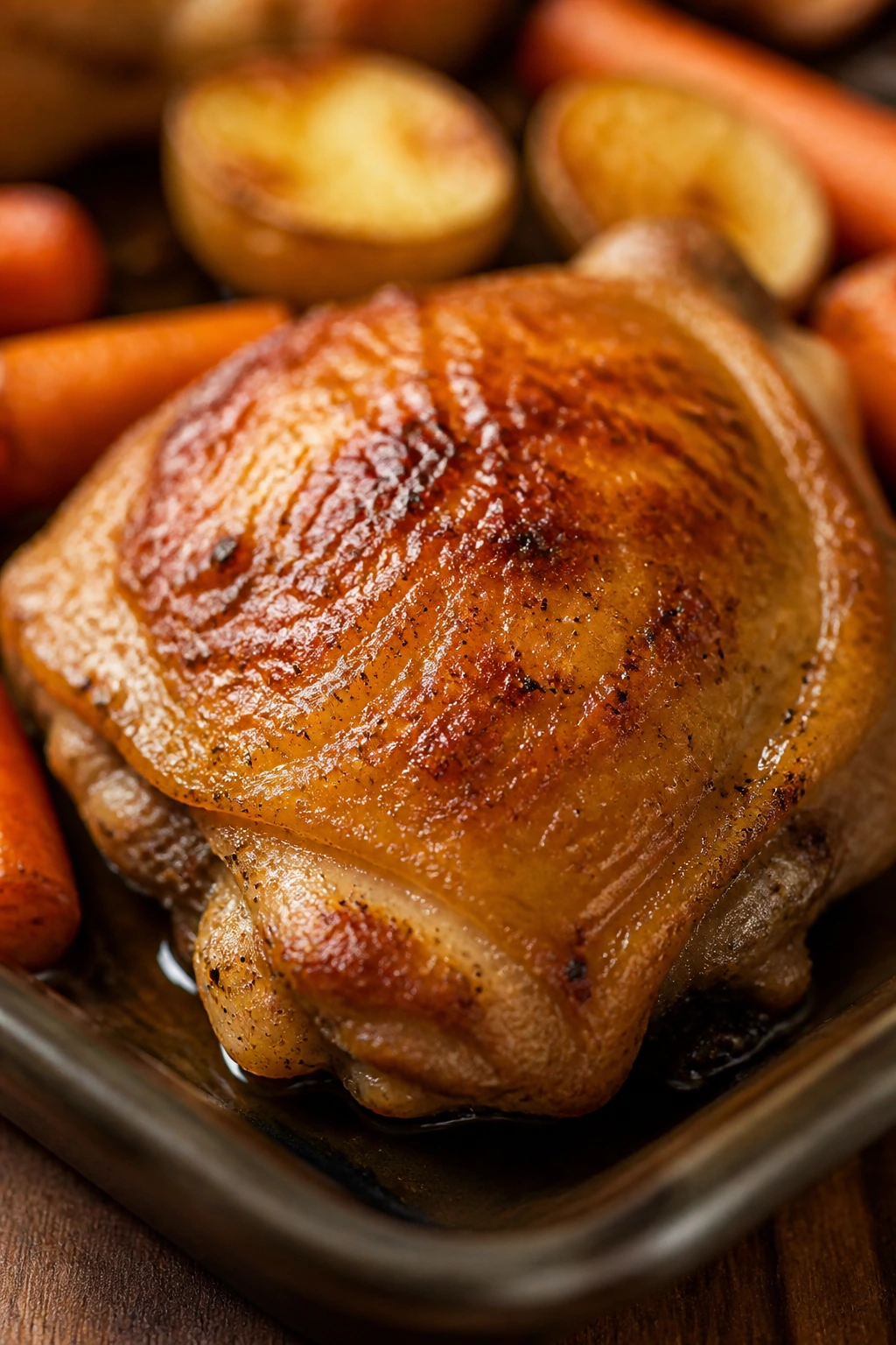 Close-up of crispy-skinned chicken thigh with roasted potatoes and carrots in a pan