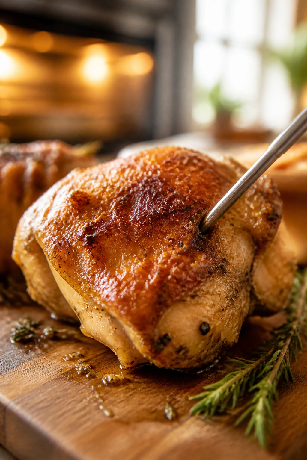 Close-up of a chicken thigh with bronzed skin and a hidden-dial thermometer in a warm kitchen