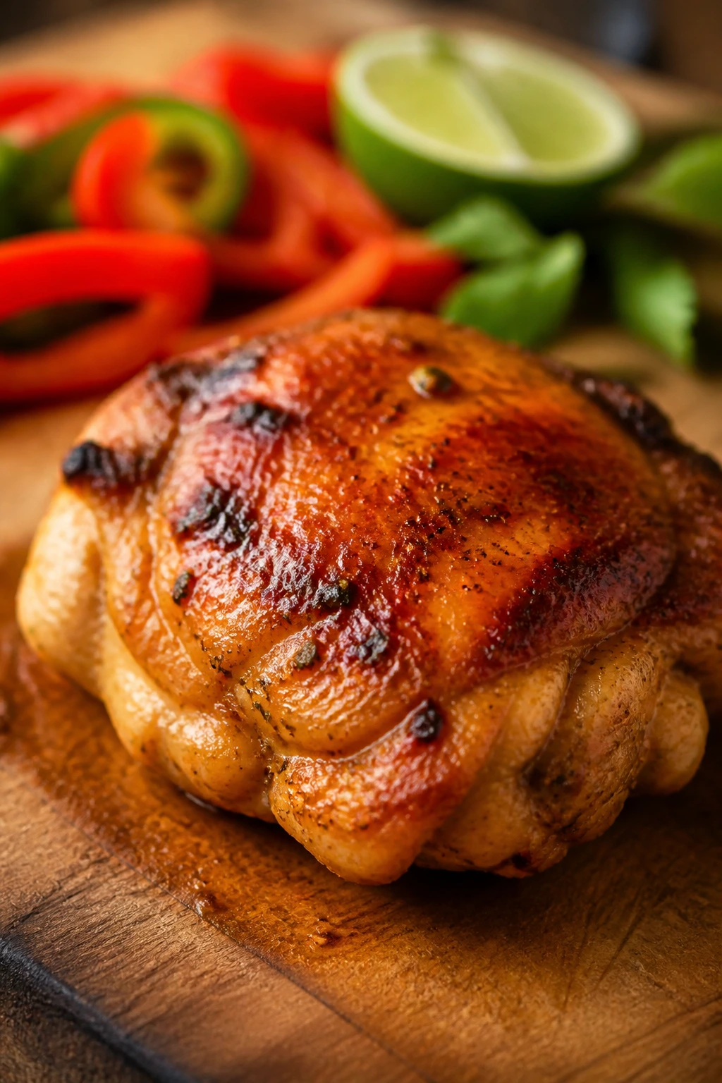 Juicy seasoned chicken thigh on a cutting board