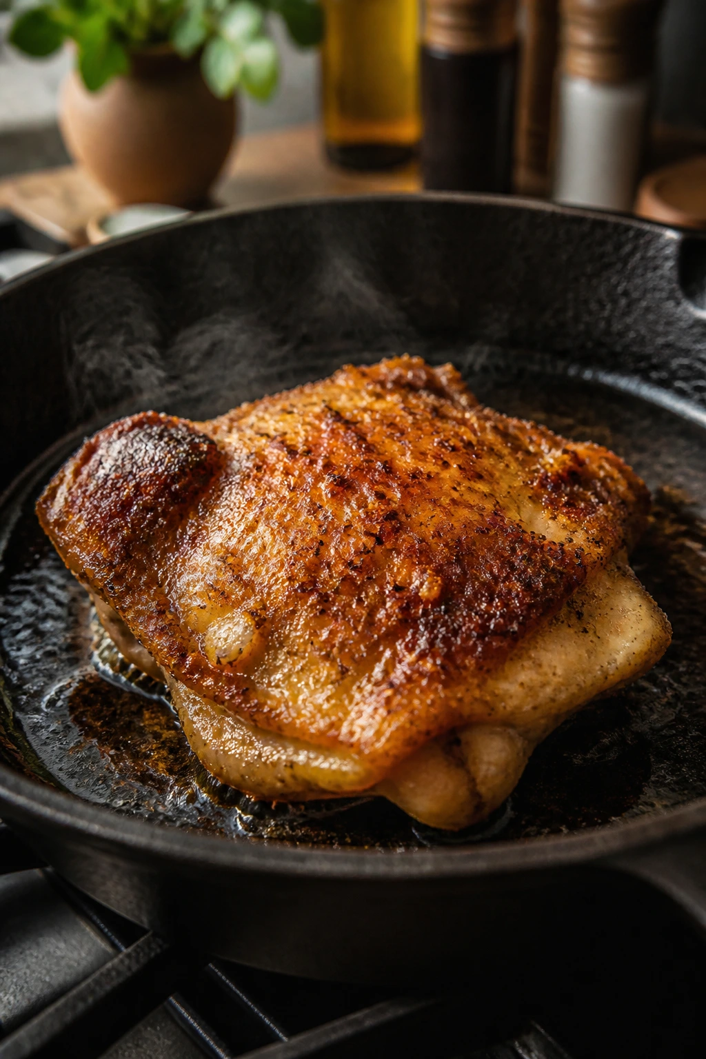 Browned chicken thigh in cast-iron skillet with crisp skin
