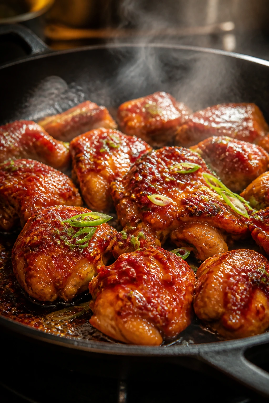 Close-up of a juicy chicken thigh in bold spicy sauce in a home kitchen.