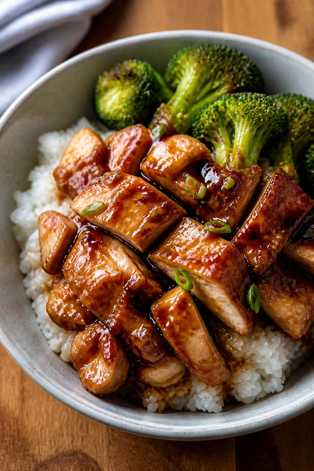 Close-up of glossy chicken teriyaki over rice with broccoli in a ceramic bowl
