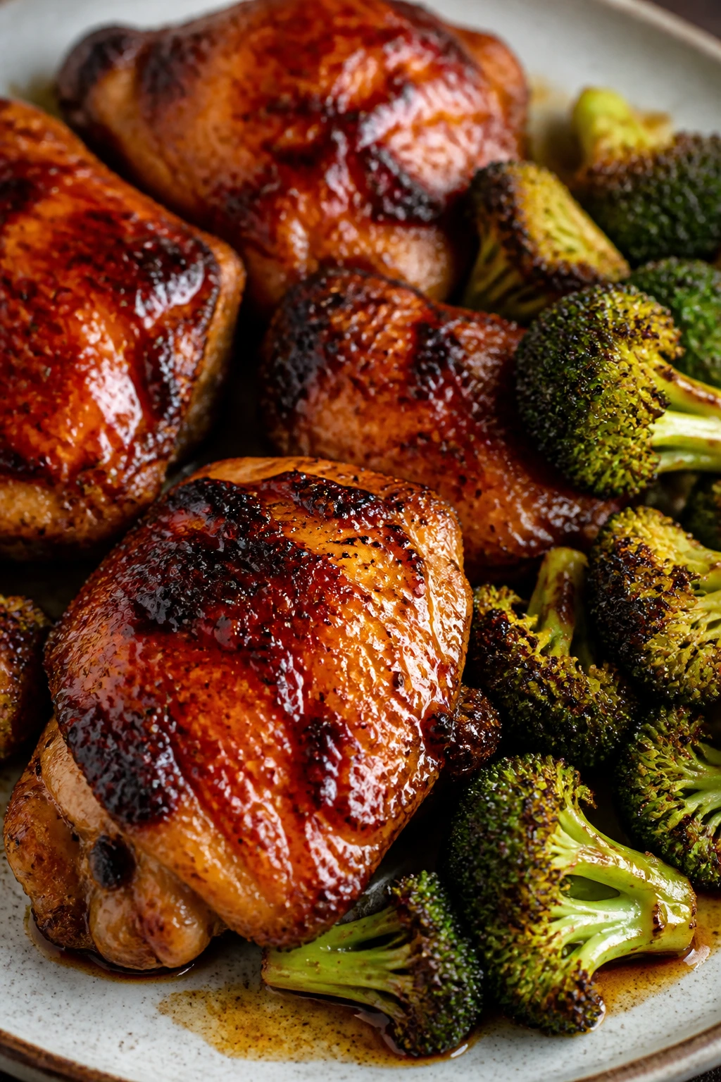 Close-up of crispy honey-glazed chicken thigh with charred broccoli