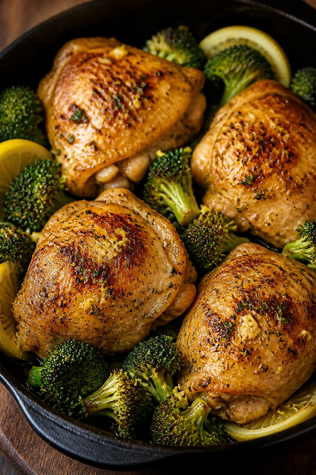 Sizzling lemon-garlic chicken thighs with broccoli in a skillet.