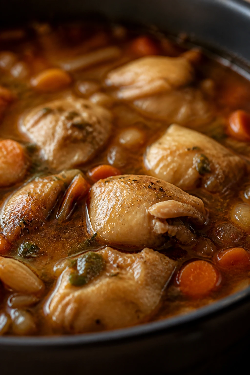Chunky chicken thigh in rich soup filling the frame