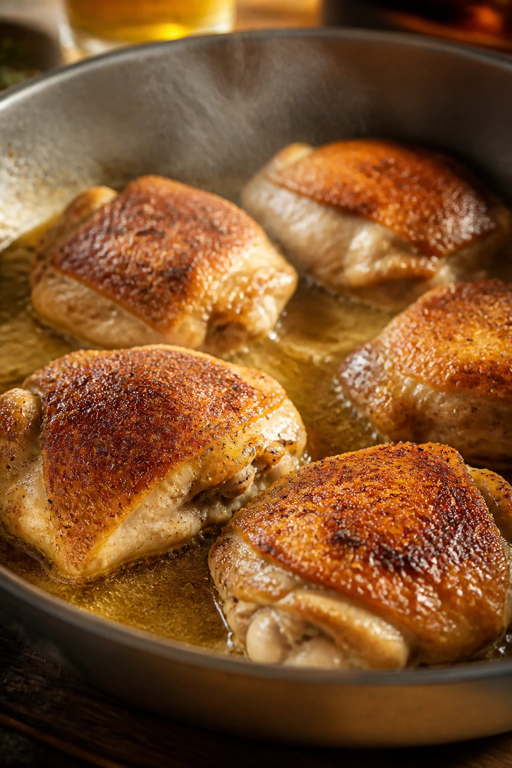 Browned chicken thighs in a pan