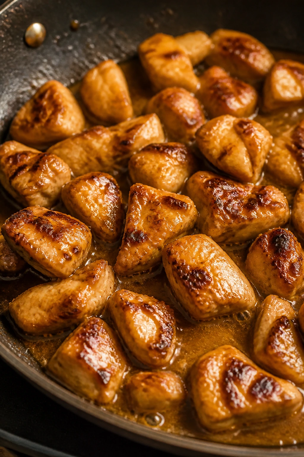 Close-up of seared chicken thigh pieces in a skillet with glossy sauce
