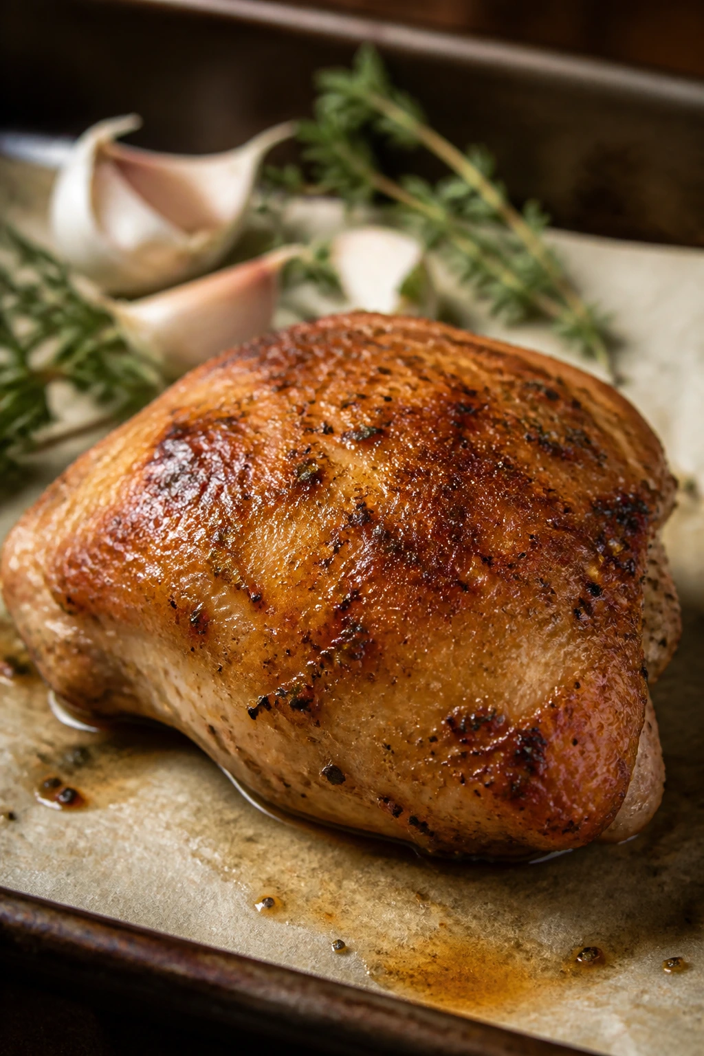 Close-up of a browned chicken thigh on parchment in a warm kitchen