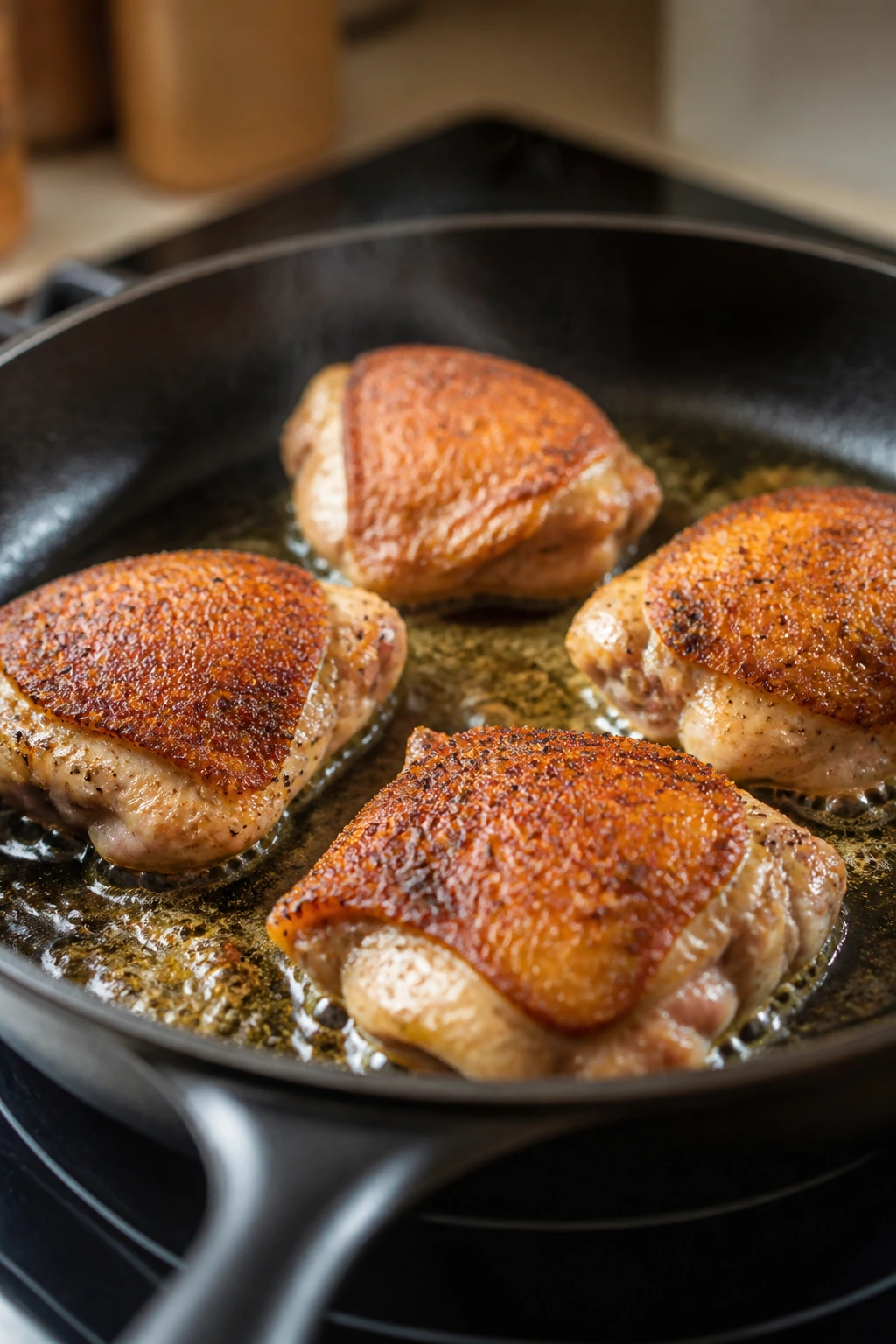 Close-up of browned chicken pieces cooking in a skillet