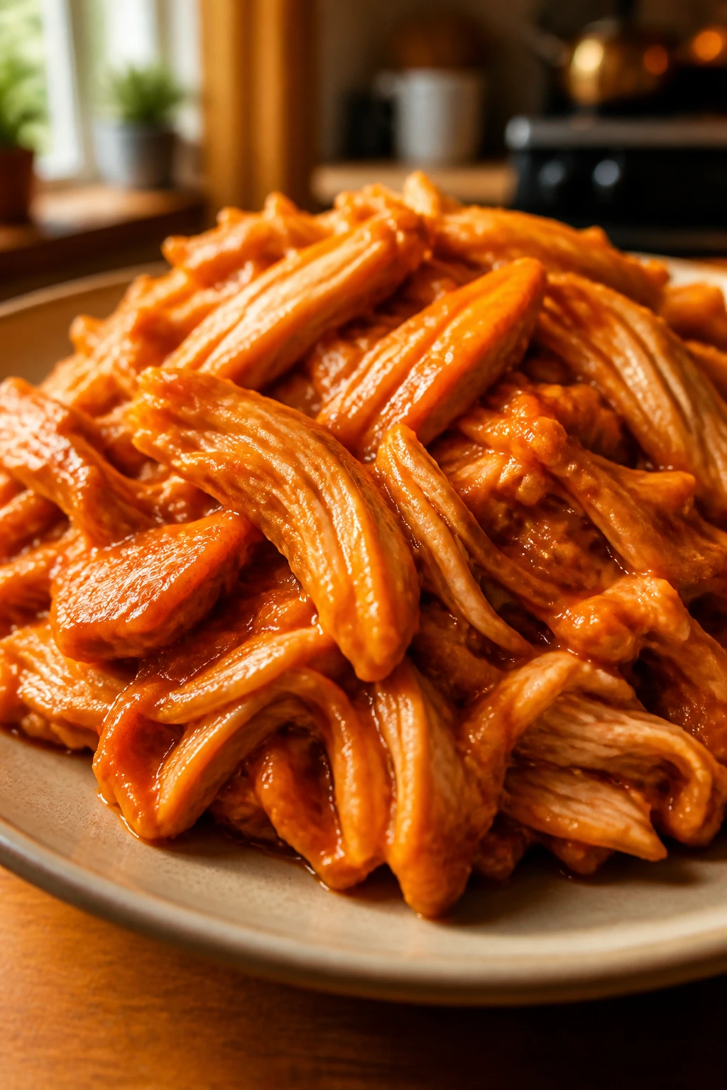 Moist shredded buffalo chicken made from thighs on a plate.