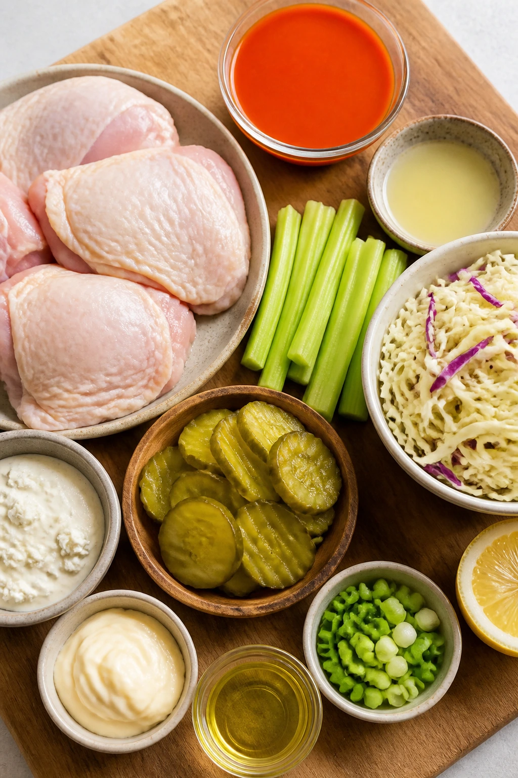 Ingredients for chicken, sauce, and slaw arranged on a board