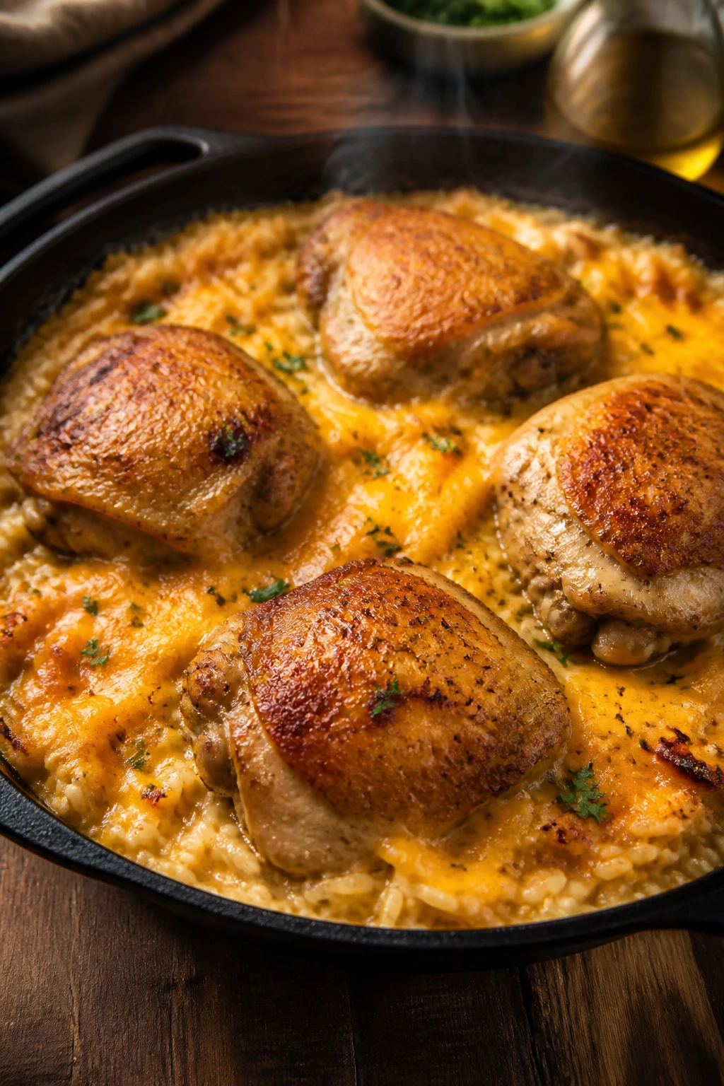Close-up of juicy cheesy chicken and rice in a skillet