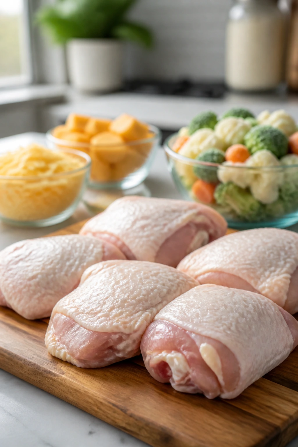 Close-up of chicken thighs with cheese and frozen vegetables in a kitchen