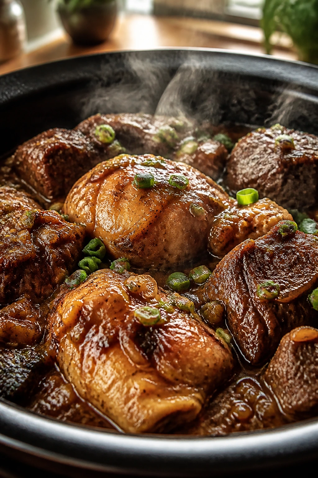 Close-up of tender chicken thighs and chuck roast in braising sauce