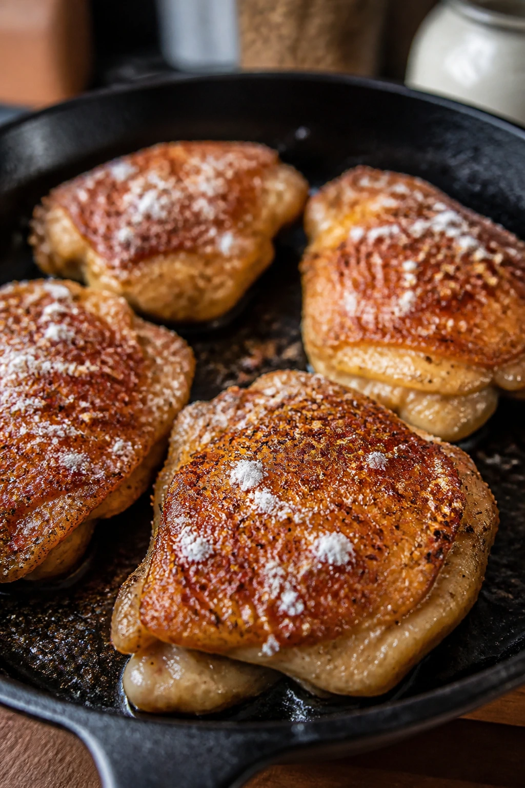Seasoned chicken thighs with cornstarch dusting in a pan
