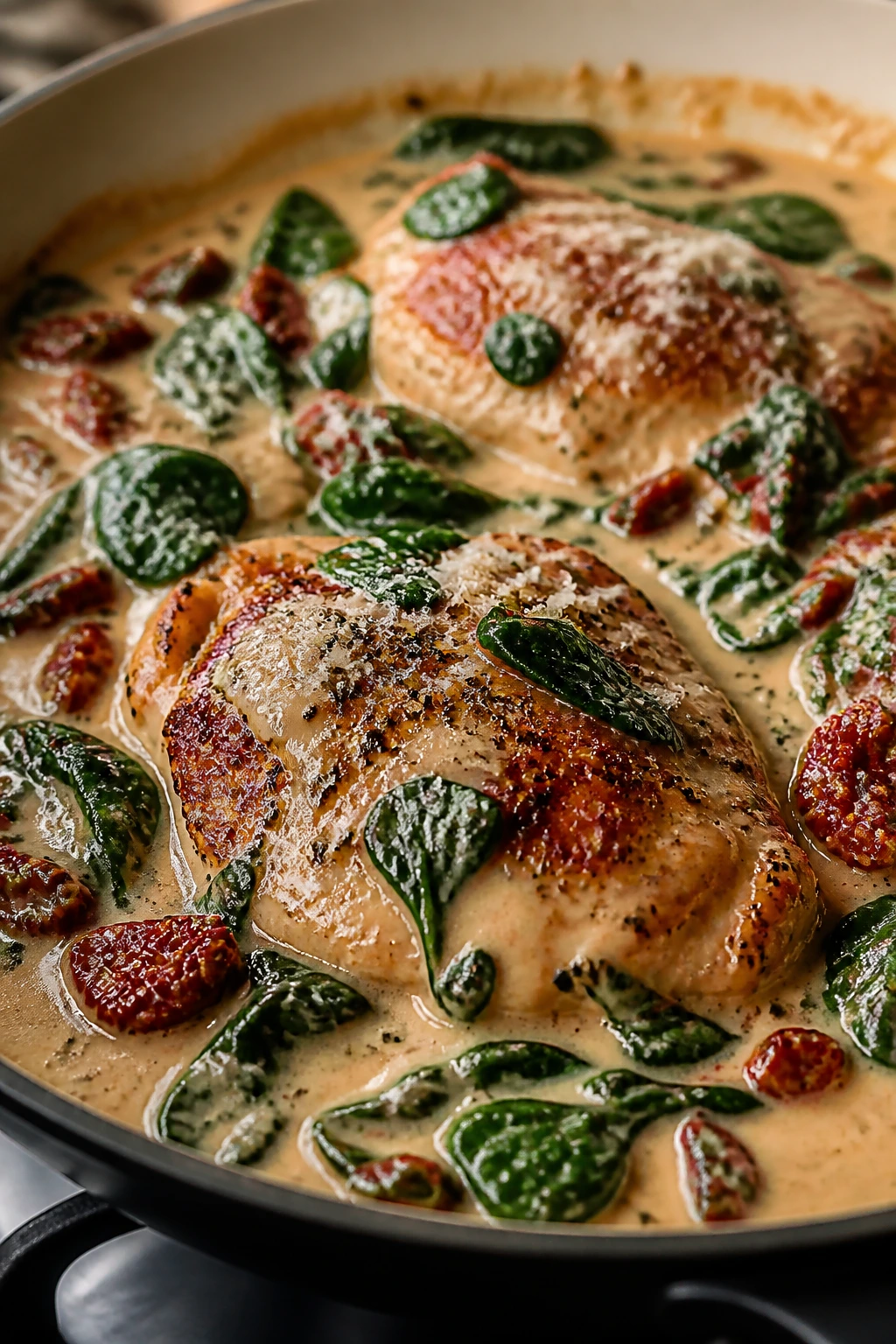 Close-up of Tuscan chicken thigh in creamy sauce with sun-dried tomatoes and spinach.